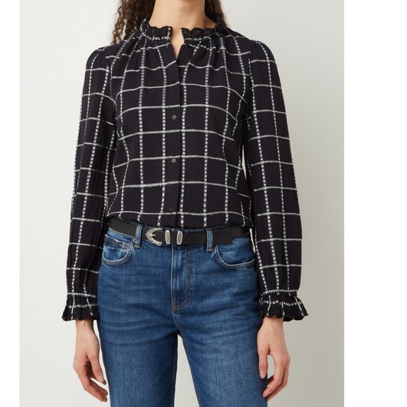 Ba&Sh  Patsy Ruffle Cotton/Linen Plaid Blouse Black & White Size XS - Picture 5 of 10